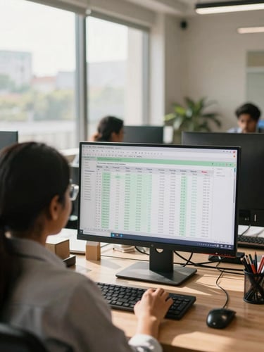 Over-the-shoulder perspective of a marketing strategist analyzing spreadsheet data on a monitor, warm natural daylight streaming through a window, modern Indian office, 35mm