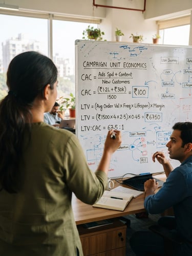 An over-the-shoulder shot of a whiteboard in a sunlit Ahmedabad office, covered in hand-written campaign unit economics math, CAC and LTV equations, bright natural daylight, 35mm.