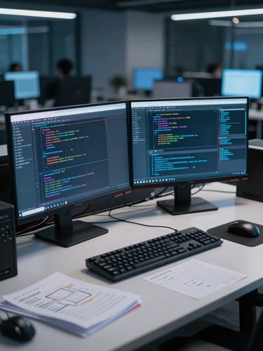 Wide-angle view of a modern technical workspace at night, two monitors displaying code and an AI dashboard side by side, cool blue ambient lighting from screens, organized desk with engineering notes, shallow depth of field