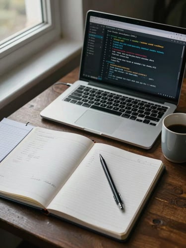 Overhead shot of an organized engineering study setup — open technical notebook, laptop showing a machine learning framework, a stylus, graph-paper pad, and a ceramic mug, cool natural window light from the left, no people visible, calm and methodical