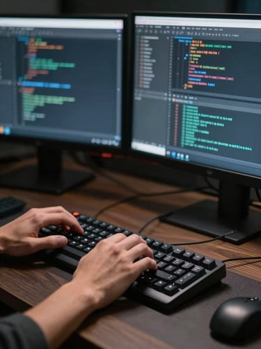Close-up of a young man's hands resting on a mechanical keyboard in a dark technical workspace, two monitors visible in soft focus behind him displaying code editor and a dashboard interface, cool desk lamp casting directional light on the setup, precise and calm