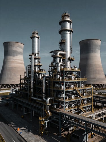 Wide-angle architectural shot of a massive industrial manufacturing plant with huge external cooling towers, cool steel tones, dramatic high-contrast lighting.