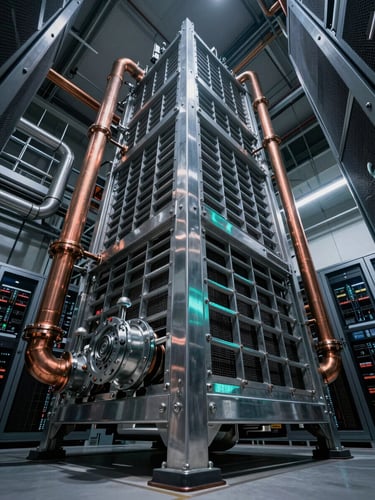 Low-angle heroic shot of a massive industrial chiller system inside a modern corporate data center, cool steel tones with sharp teal highlights on precision copper piping, dramatic shadows, wide-angle architectural lens, 35mm