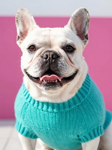 Bright high-key pet photography of a happy French bulldog wearing a custom teal knit sweater, eye-level medium shot, soft natural daylight, vibrant magenta background accents, 35mm