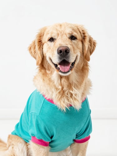 A happy golden retriever wearing a colorful handmade teal shirt, looking directly at the camera, bright outdoor daylight, soft background