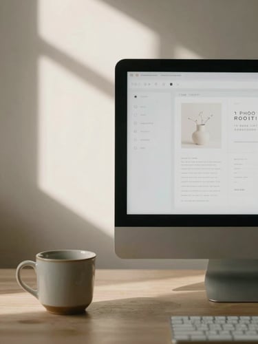 Close-up of a minimalist workspace with soft directional window light, a ceramic cup, and a clean physical screen displaying elegant layout designs, warm muted earth tones, 35mm film grain.