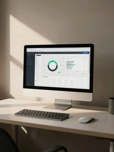 A minimalist workspace with warm directional window light casting soft shadows on a clean desk, a modern physical screen displaying a sleek analytics dashboard, 35mm film grain.