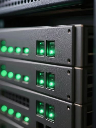 Extreme close-up macro shot of a server rack with active signal green status lights, sharp directional lighting