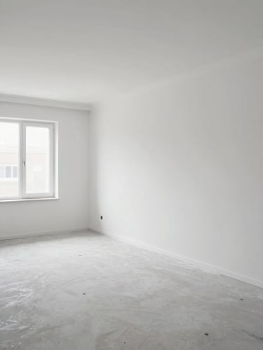 Wide panoramic view of a freshly painted modern living room interior, right side of frame, crisp white walls with immaculate corner trim visible, natural north-facing window light, empty room post-completion, no people, clinical documentary framing