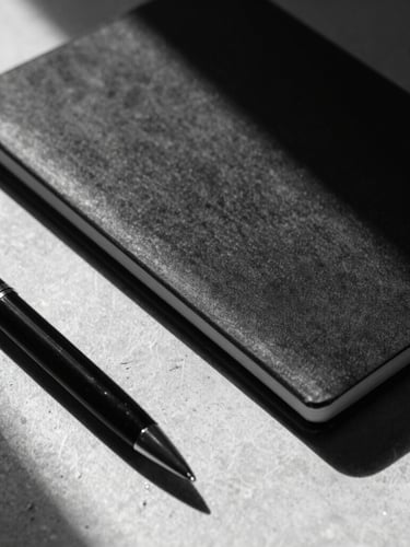 Macro close-up of a minimalist black notebook and a premium pen on a textured concrete desk, dramatic harsh side-lighting, black and white