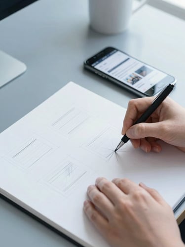 Hands sketching wireframes on a clean paper pad next to a smartphone showing a live website layout, bright daylight, cool blue tones, 35mm.