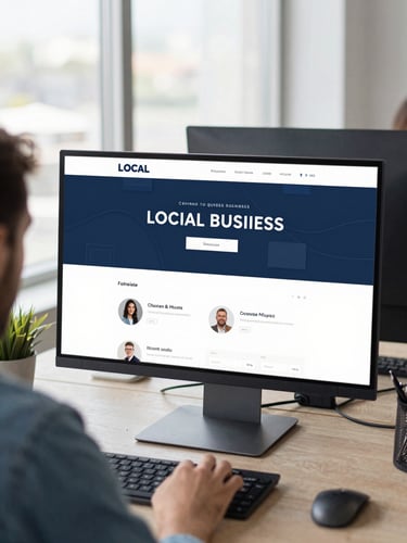 Over-the-shoulder shot of a developer styling a clean local business website layout on a large monitor, bright natural office daylight, cool slate tones, 35mm.