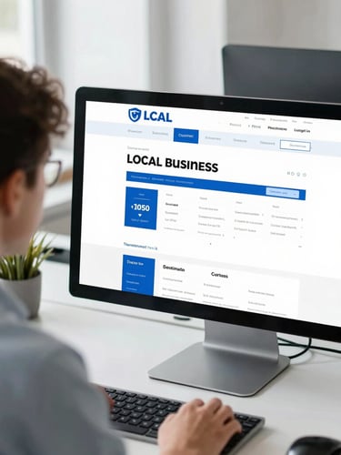 Over-the-shoulder shot of a developer analyzing a clean local business website mockup on a desktop screen, bright natural daylight, crisp blue accents, 35mm
