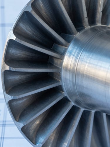 Macro detail shot of a high-contrast steel turbine component, cool daylight, technical CAD blueprint lines faintly visible, sharp focus, 35mm