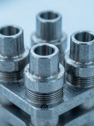Macro detail shot of high-tolerance steel mechanical valves, cool daylight, sharp focus on metallic edges, blue tones, 35mm