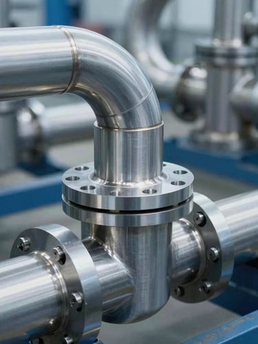 Crisp industrial photography of a mechanical engineer inspecting high-tolerance steel piping installations, cool daylight, sharp focus, 35mm.