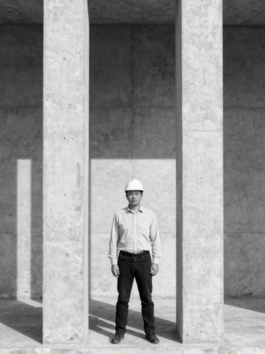 Symmetrical architectural portrait of a structural engineer standing next to a raw concrete column, harsh midday sun casting sharp geometric shadows, minimalist composition, 35mm lens