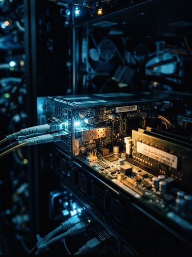 Dark tactical photography, high-contrast cool blue and amber terminal light, macro close-up of server hardware in low light, sharp focus, 35mm