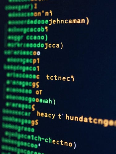 Macro close-up of a dark terminal screen displaying green and amber network node diagrams, high-contrast code lines, low-key cool blue ambient lighting, sharp focus, 35mm