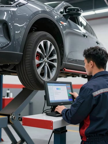 A clean, modern automotive service bay with sharp workshop lighting, a vehicle elevated on a lift, and an ASE-certified mechanic analyzing a diagnostic screen.