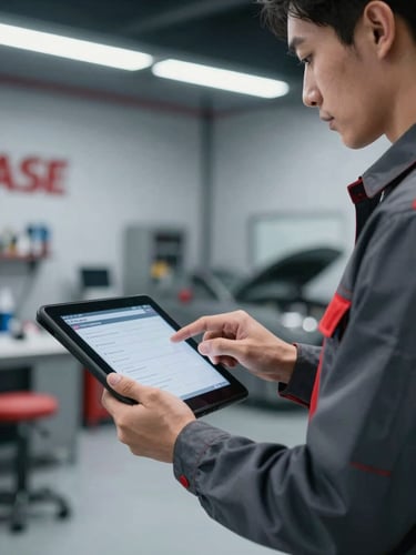 Close-up of an ASE-certified mechanic using a high-tech diagnostic tablet inside a clean, modern service bay, cool-toned workshop lighting, high-contrast charcoal and red accents.