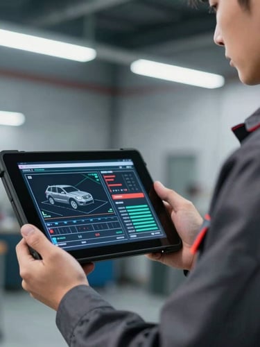 Close-up of a certified mechanic in a clean uniform holding a diagnostic tablet showing automotive system graphs, bright cool workshop lighting, high contrast.