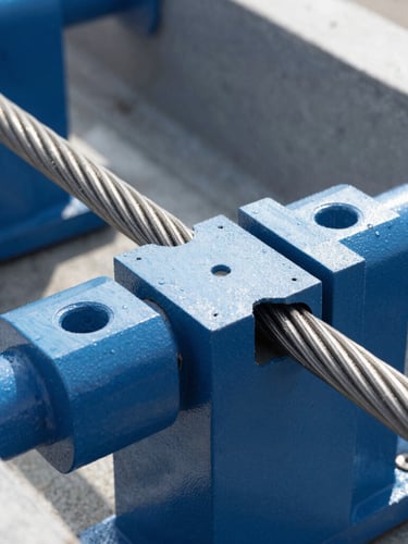 Close-up of high-strength steel cableway system tension joints, bright daylight, engineered precision, industrial setting