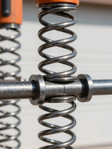 Close-up of a heavy-duty steel torsion spring on a garage door shaft, clean industrial lighting, high contrast charcoal tones, sharp focus, 35mm