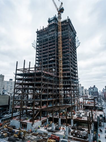 Wide-angle architectural shot of a large urban building under construction, structural steel beams rising against a crisp overcast sky, high-contrast cool tones, 35mm.
