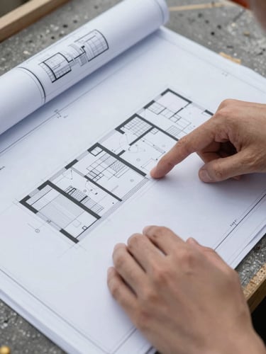 Close-up portrait shot of a detailed architectural blueprint spread open on a construction table, hands pointing to a specific structural detail, crisp overcast daylight, high-contrast cool tones, sharp focus.