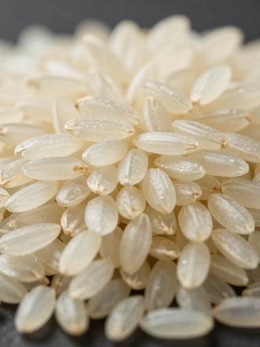 Macro studio shot of raw, uncooked Basmati rice grains showing perfect uniformity, sharp lighting, dark background