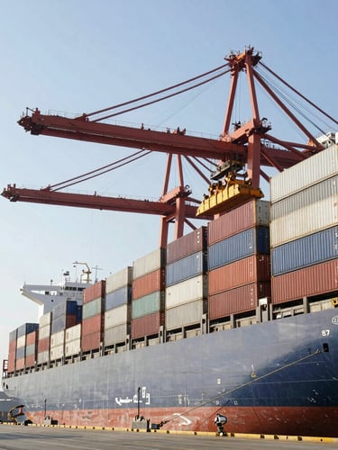 A massive container ship docked at an industrial port at noon, crane loading containers, high-contrast crisp daylight, geometric composition, negative space on the left.