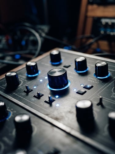 Close-up of high-end analog synthesizer knobs, glowing blue LED lights, dark studio background, macro lens, 35mm photography