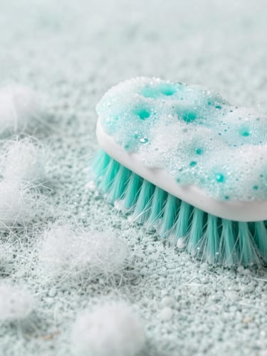 Close-up of carpet fibers undergoing deep brushing with clean water and organic teal-tinted soap, bright natural daylight, crisp details.