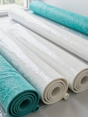 Bright clean workshop with neatly rolled clean carpets wrapped in protective film, fresh teal accents, natural daylight, 35mm lens
