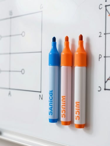 Tight macro detail shot of a clean collaborative whiteboard with structured technical diagrams, bright high-key lighting, electric blue and vivid orange markers, sharp focus