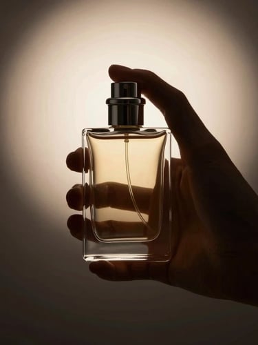 Elegant hand holding a minimalist glass perfume bottle catching sharp studio light, dark obsidian background, warm champagne reflections, 85mm
