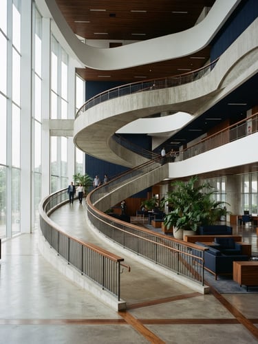 Wide architectural shot of a modern Brazilian public administration building with clean concrete curves, soft overcast daylight, editorial photography style, 35mm