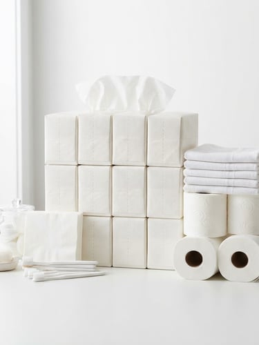 Bright high-key product photography of neatly stacked tissues and household essentials on a clean white backdrop, soft natural studio light, crisp details, 50mm