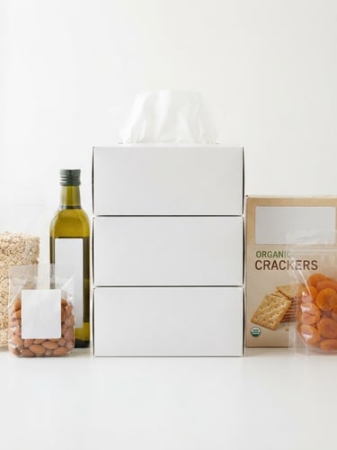 Bright high-key product photography of neatly stacked tissues and packaged foods on a clean white backdrop, soft natural studio light, 50mm