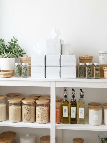 Bright high-key studio photograph of neatly stacked tissues and pantry essentials on a clean white shelf, botanical green accents, soft natural light