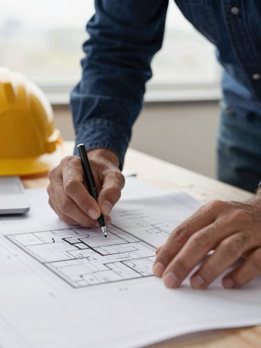 Close-up shot of hands on architectural blueprints with a laptop and hard hat nearby, natural overcast daylight, deep blues and warm gold accents, sharp focus, 35mm gritty editorial construction photography.
