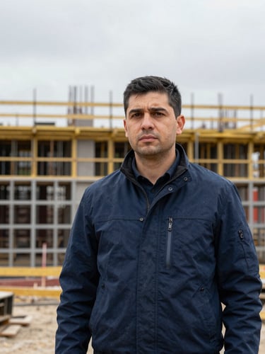 A professional portrait of a male construction consultant in a dark blue jacket standing on an active site, natural overcast daylight, sharp focus