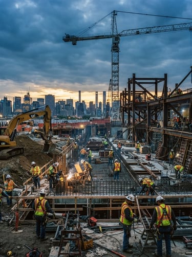 Active construction site at dawn, heavy machinery and workers in focus, deep blues and warm gold accents, sharp focus, 35mm, wide panoramic view.