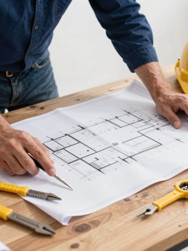 Close-up of hands reviewing construction blueprints on a wooden site table, high-contrast overcast daylight, professional tools and yellow hard hat visible, gritty editorial style.
