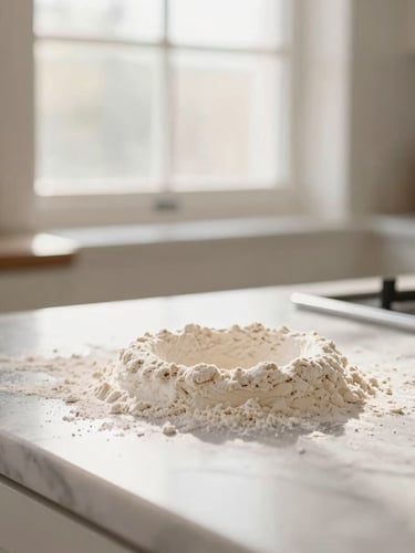 Close-up of a rustic, sunlit kitchen counter with fresh flour dusted across the marble, warm morning window light, soft pastel tones, shallow depth of field, 35mm
