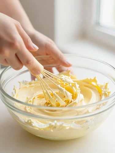 Macro food photography of hands whisking pale yellow buttercream in a glass bowl, soft morning window light, high-key, warm inviting atmosphere, 35mm
