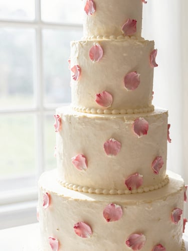 A close-up of a beautifully decorated, multi-tiered wedding cake with delicate pink sugar petals, shot in bright morning window light with soft shadows.