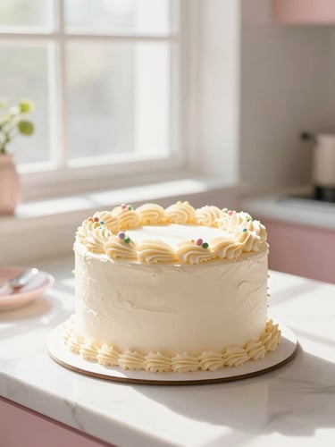 Bright high-key food photography of a sunlit kitchen counter with a beautifully decorated custom cake, soft morning window light, warm pastel pink accents, shallow depth of field, 35mm