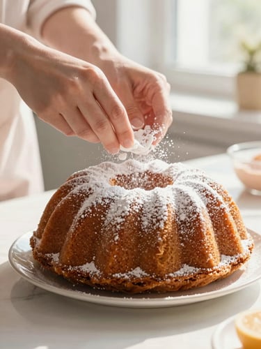 Close-up of hands dusting powdered sugar on a fresh Bundt cake, sunlit kitchen counter, warm morning light, shallow depth of field